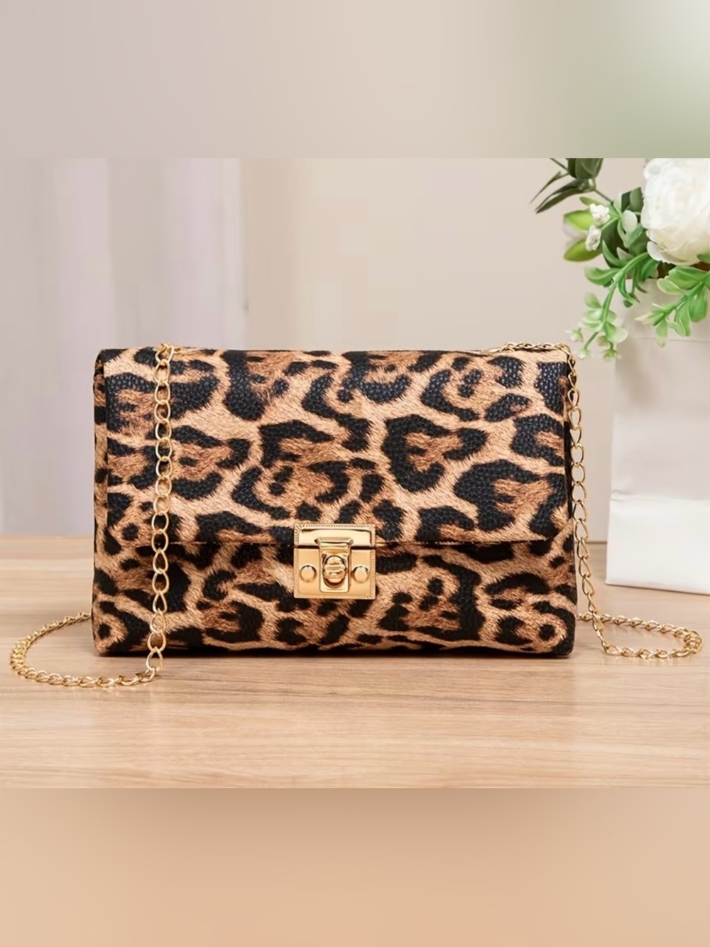 Leopard Print Chain Crossbody Bag - Gold Hardware